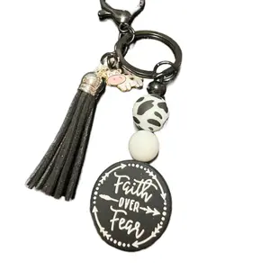 Faith Over Fear Cow Keychain with Tassel and Beads - Inspirational Accessory for Everyday Use