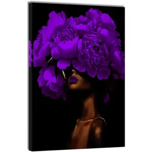 African American Wall Art Woman with Flowers on Head Painting Black and Purple Pictures Black Women Portrait Canvas Prints Bedroom Home Decor