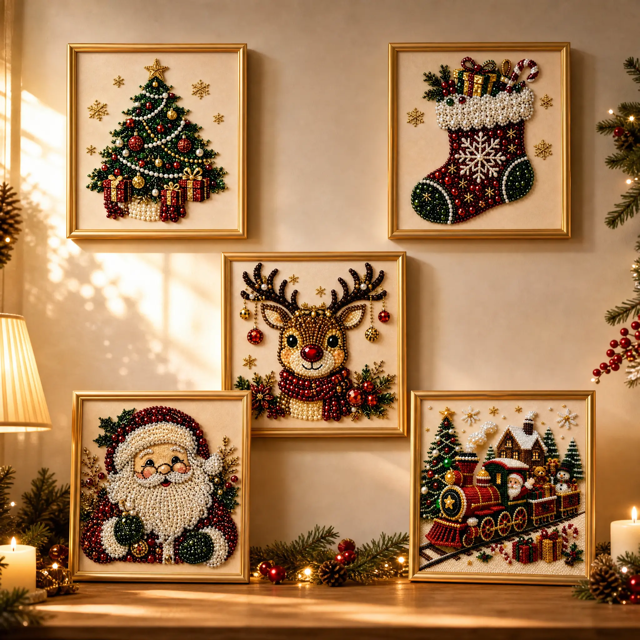 Framed DIY Christmas Diamond Painting Art Kit with Pearl Beads, 10.2" 3D Gemstone Art Craft for Adults Beginners, Cute Holiday Santa Reindeer Picture Wall Decor for Home Office, Magic Gift