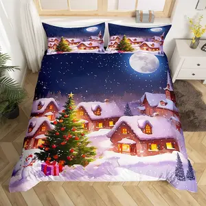 Merry Christmas Duvet Cover Cute Snowman Bedding Set,Santa Claus and Reindeer Comforter Cover for Boys Girls Kids Room Decor Snowy Night Bedspread Cover with (No Comforter)