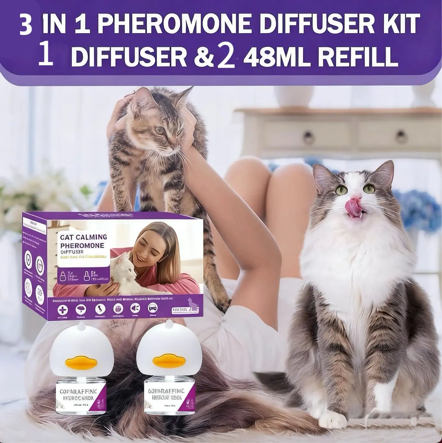Cat Calming Diffuser Kit - 3-in-1 Synthetic Multicat Pheromone Solution, Universal Fit for Common Plug-In Diffusers, Stress Relief, Scratch Control, 48ml Refill, 30-Day Calm, Reduces Stress for Clowders