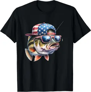 Casual Cotton shortsleeve tees Funny Fishing & Fisherman Gift American Flag T-Shirt