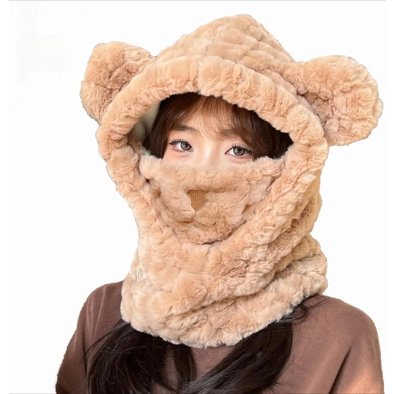 Balaclava Fleece Ski Mask Fur Bear for Women 3-in-1 Winter Balaclava Windproof Scarf Hat Adjustable Size Polyester Off-White Brown Gray Solid Color