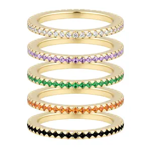 Aprilery Rainbow Stackable Eternity Band Ring Set Gold Tone Colorful Gemstone Jewelry For Women Versatile Gift