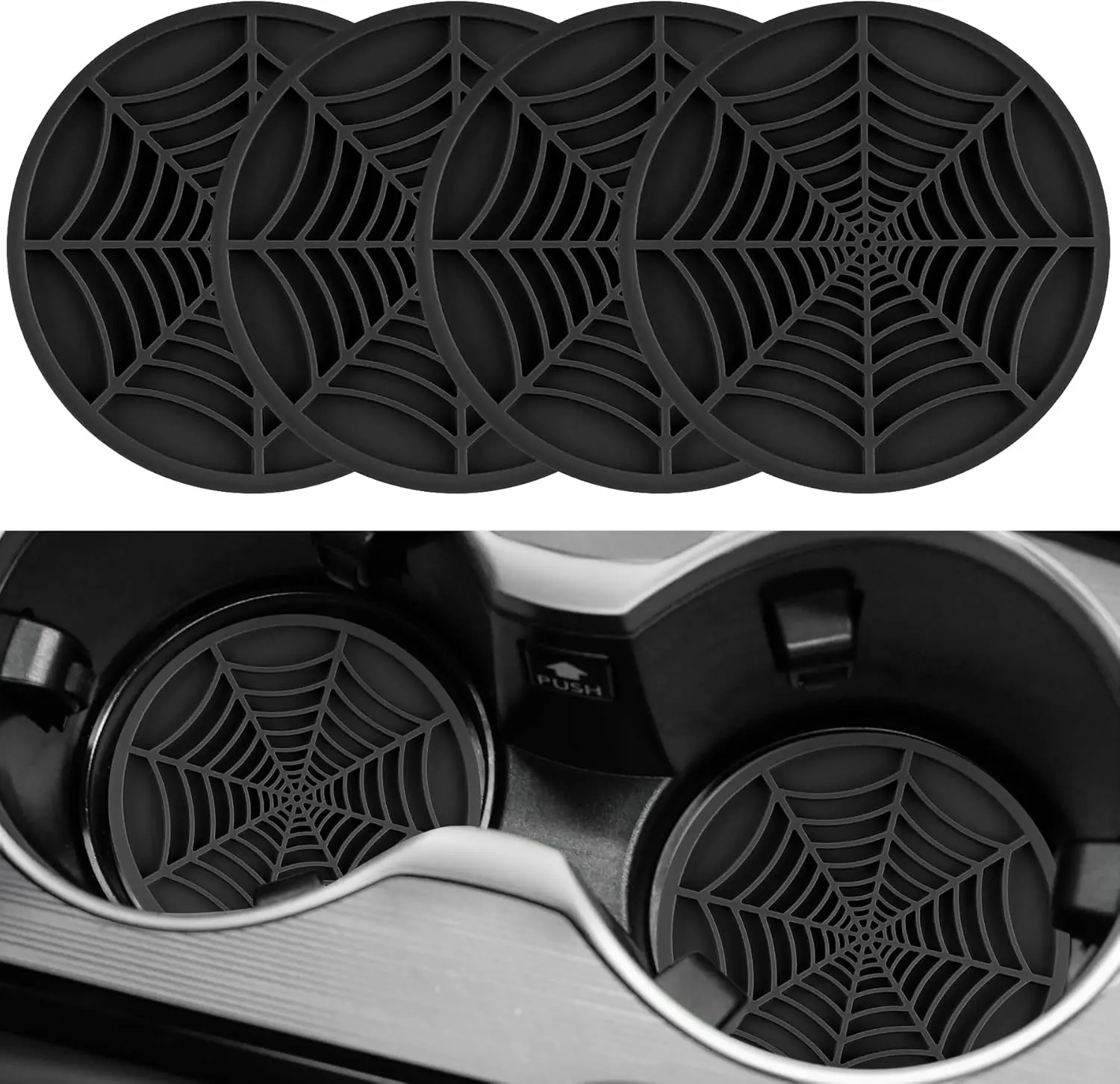 4 count Spider Web  Coasters for Cup Holders, Halloween Funny Non-Slip  Insert Ornaments Coasters, Automotive Cupholder Goth Accessories for Men & Women(Black)