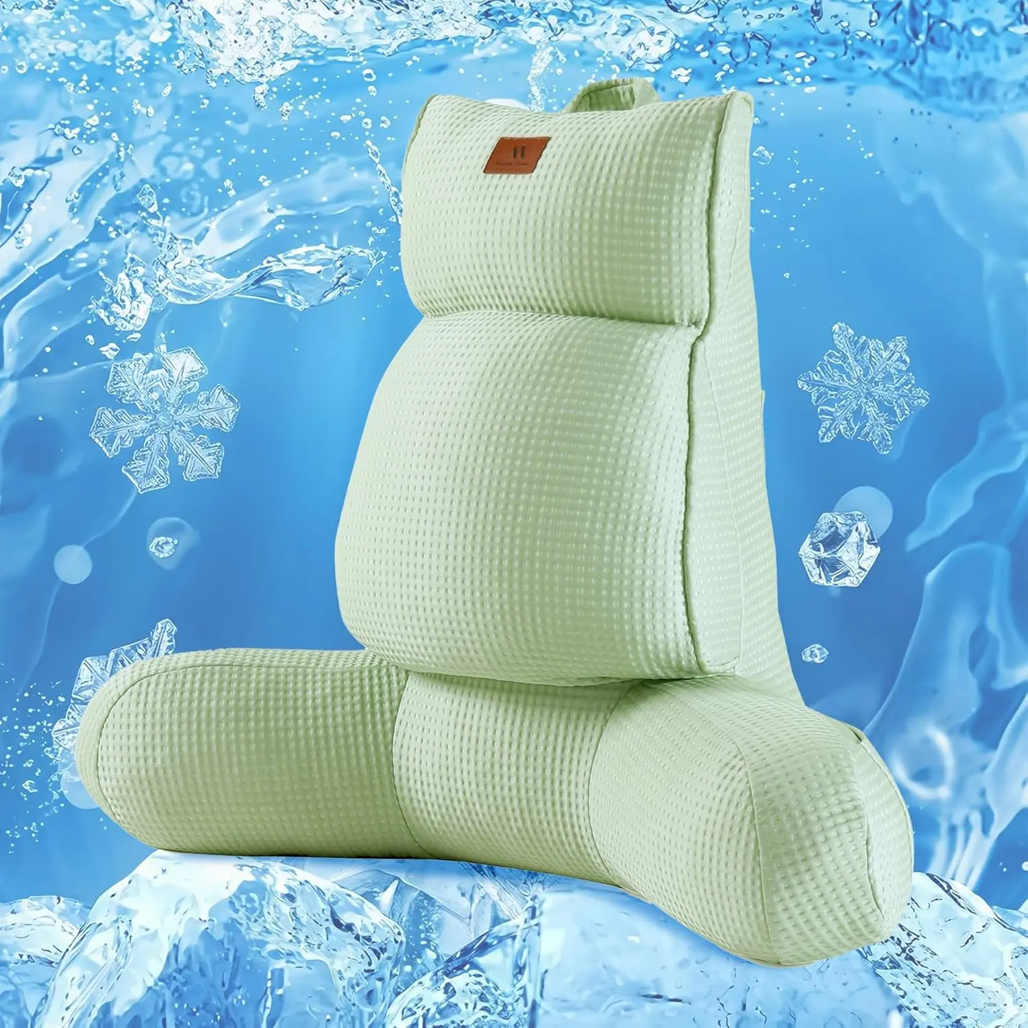 Cooling Waffle Reading Pillow, Qmax>0.37  Backrest Support with Pocket & Handle, Breathable Lounging Pillow for Bed Sofa Floor Summer, 25 Inches, Sage Green