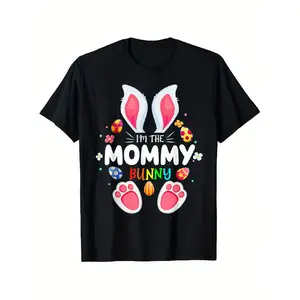 Men's 3X Size "I'm The Mommy Bunny" Easter Bunny T-Shirt - Oversized Black Casual Fit with Pink Bunny Ears, Paw Prints & Carrot Design - Funny Costume Party Outfit or Spring Outwear for s