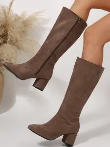Women's Brown Suede Knee - High Boots, Fashionable Side - Zip Block - Heel Footwear, Versatile Shoes for Casual and Dressy Occasions, Trendy Autumn/Winter Fashion Boots, Winter Warm Boots