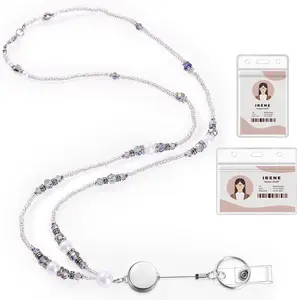 Teacher Lanyards for Id Badges and , Beaded Badge Lanyard with Retractable Reel  Necklace Cute Lanyards for Women (Blue)