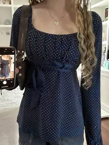 Vintage Fashion Polka Dot Print Pleated Patchwork Bow Tie Long Sleeve A-Line T-Shirt, Y2K Style Women's Top for Fall & Winter, Casual Classy Top