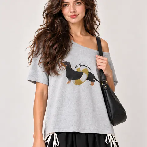 Aelfric Eden Women's Cute Oversized Dachshund Off-The-Shoulder Cotton Short-Sleeve Graphic Tee - Chic Retro Preppy Top for Casual Parties, Party,sohochic