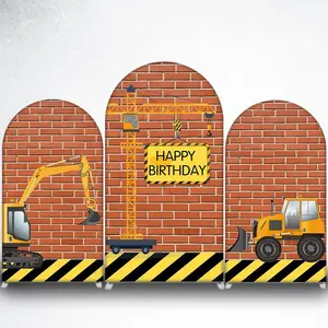 15-day Delivery Yellow Excavator Brick Wall Arch Backdrop Cover for Construction Theme Kids Birthday Party