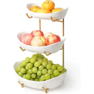No Assembly Required Gold Stand and White Ceramic Bowl, Tiered Fruit Basket for Storage, Vegetables, Cake Display, Party Serving and Home Decor Kitchen Countertop Fruit Bowl - 3 Tiers.