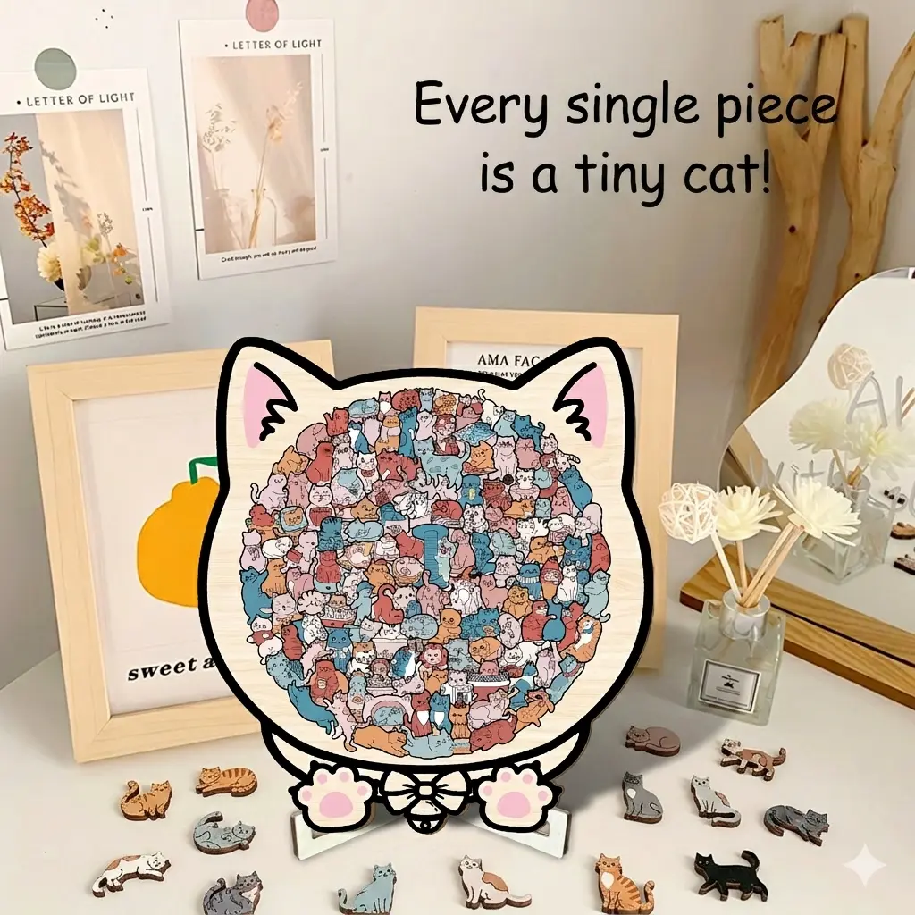 135-Piece BPA-Free Morandi Wooden Jigsaw Puzzle - Irregular Cat-Shaped Unisex Toy, Vibrant Prints & Comics, 2 Adorable Styles, Single/Bundle Sets, Beginner Stress Reliever, Whimsical Home/House Decoration, Cat Lover Birthday Gift