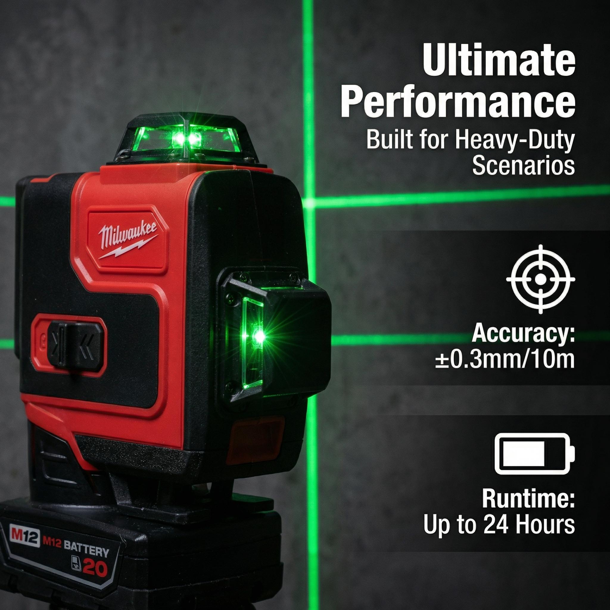 Milwaukee 16-Line Horizontal Vertical Cross Line Laser Level for Construction Layout with M12 Lithium Battery and High Precision Accuracy