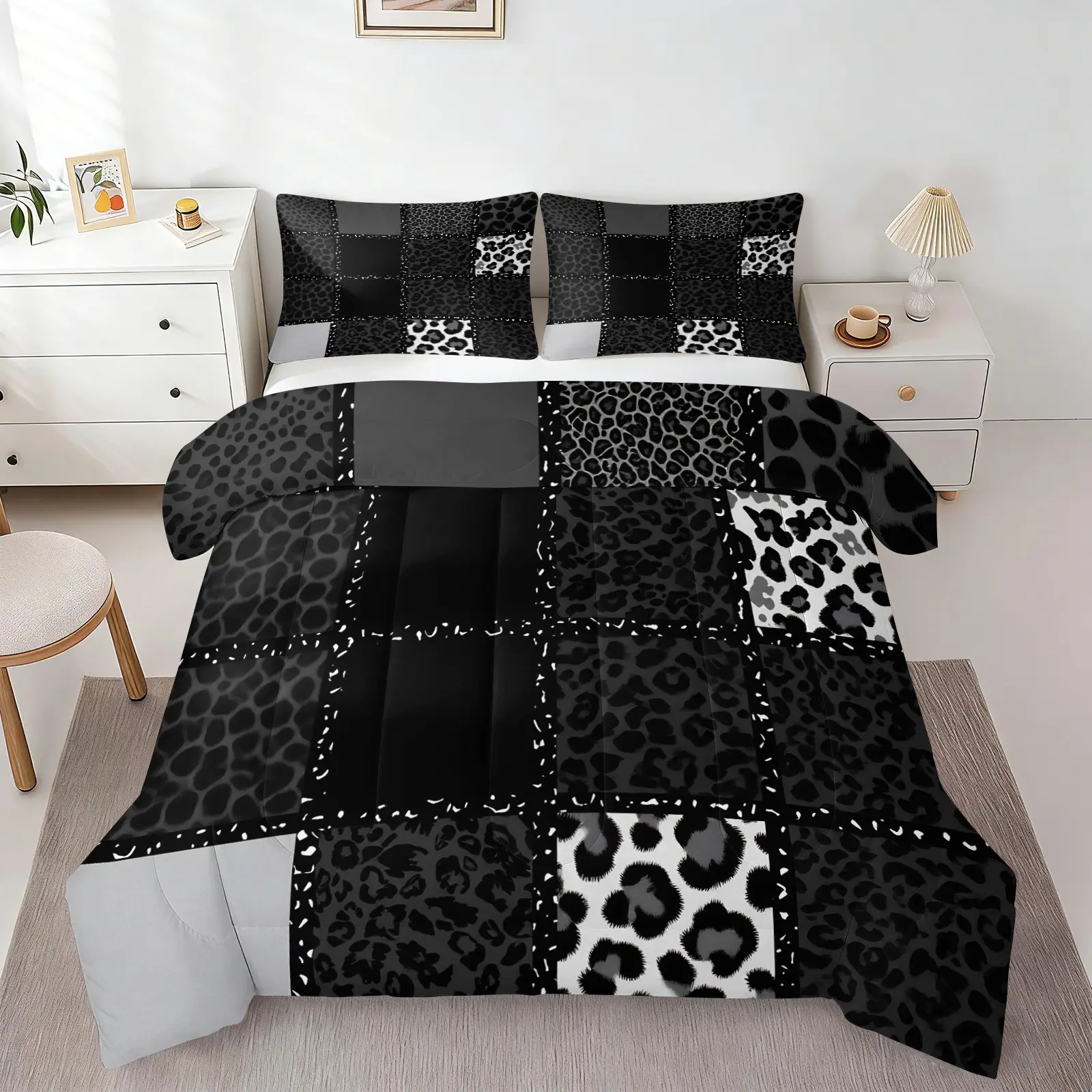 Ultra-Soft Cozy Black Leopard Patchwork Quilted Comforter Set, Breathable Microfiber Bedding with 1 or 2 Coreless Pillowcases, Modern Gray Tone Animal Warm Quilt, All Season Stylish Home Decor, Comfy Bedding Set