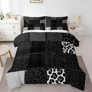 Ultra-Soft Cozy Black Leopard Patchwork Quilted Comforter Set, Breathable Microfiber Bedding with 1 or 2 Coreless Pillowcases, Modern Gray Tone Animal Warm Quilt, All Season Stylish Home Decor