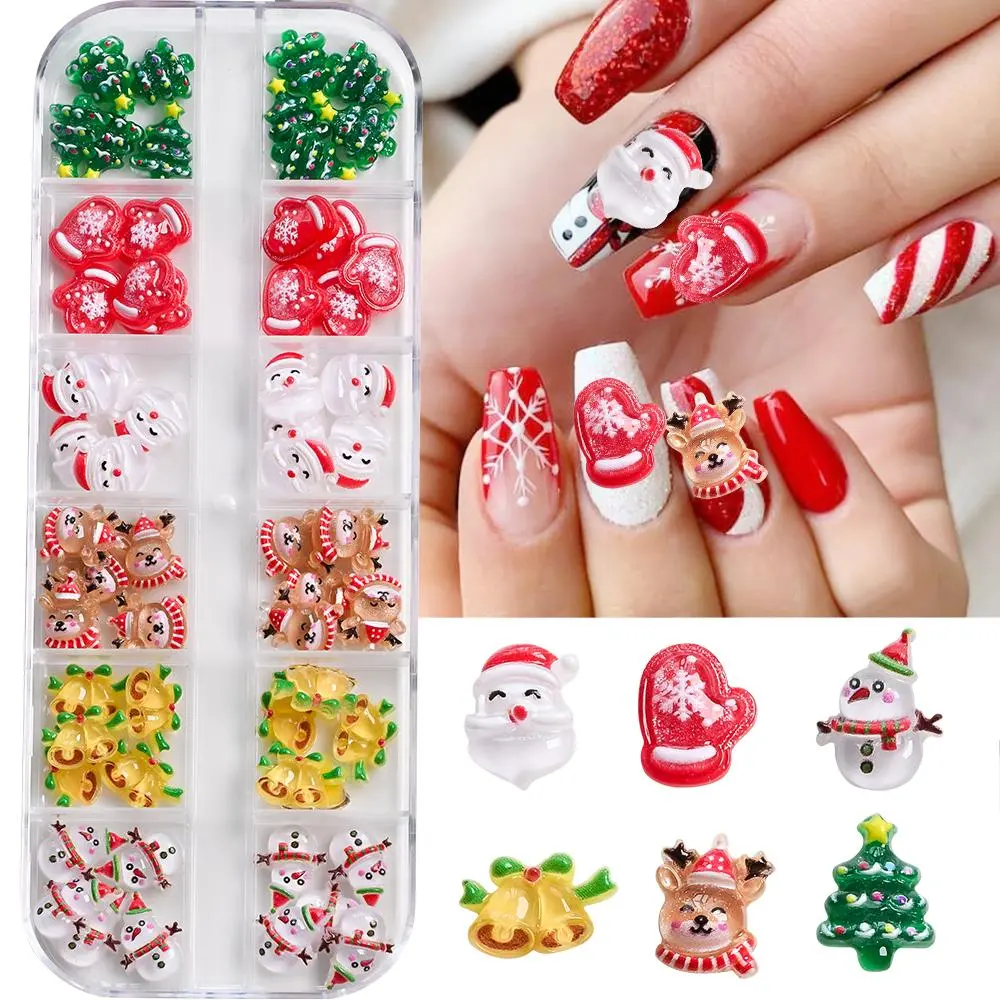 12grids Cartoon Mixed Resin Santa Claus Nails Decor Kawaii Christmas Snowman Elk Nail Charms Parts 3D Festival DIY Nail Supplies