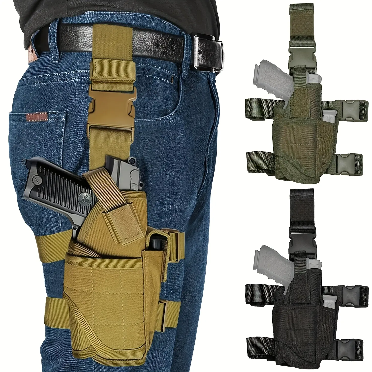 Tactical right-hand draw leg holster - Adjustable leg holster with magazine pouch, compatible with most pistols. gun accessory