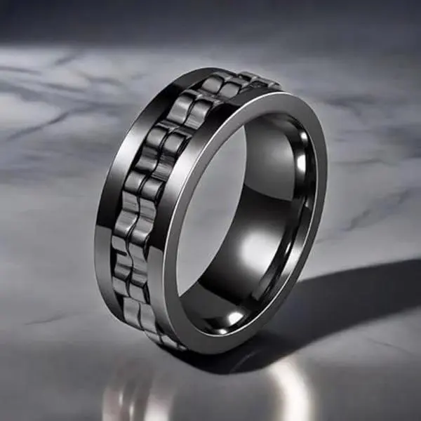 Men's Spinner Ring, Black Stainless Steel Rotatable Fidget Ring, Anti-Anxiety Stress Relief Band Ring for Daily Wear Gift for Him