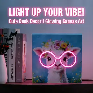 Wonder Fonder Kawaii Decor LED Canvas | Neon Wall Art & Cute Desk Decor | Battery Operated Light Up Painting 6H Timer | Cozy Room Decor Aesthetic | Unique Gift for Teen Girls | Animal Glowing Night Light for Bedroom & Dorm 7.9"x7.9"x1.6"