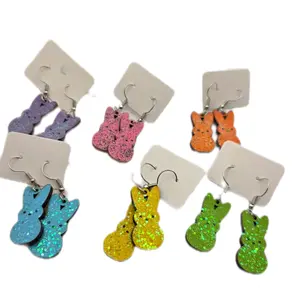 Wooden Handmade Glitter Bling Bunny Earrings