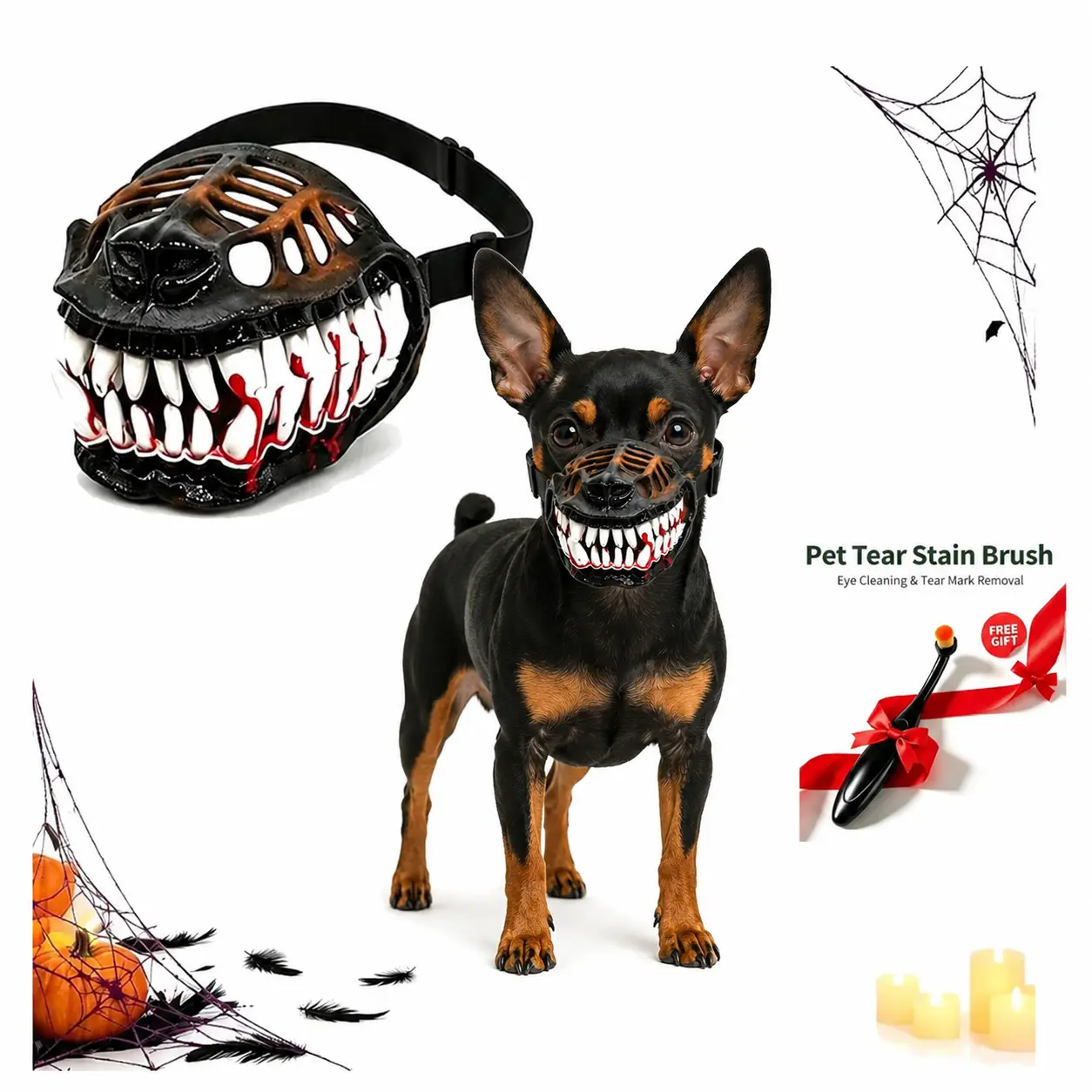 Hell Hound Monster Dog Muzzle, Scary Latex Pet Cosplay Mask with Lifelike Fangs & Adjustable Straps, One Size Fits Most Small Dogs, Halloween Party Beast Costume Accessory, Bonus Pet Tear Stain Brush Included