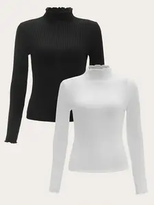 Two-Piece High Neck Plus Size Tops, Comfortable Fashion Daily Wear, Spring & Fall Wardrobe Essentials, Casual Plain Fitted Tees