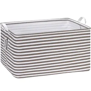 Collapsible Extra Large Canvas Fabric Storage Basket with Handles, Rectangle Waterproof Storage Bin, Box, Cube, Foldable Shelf Basket, Closet Organizer, 22 x 15 x 13 Inches, Grey Stripe