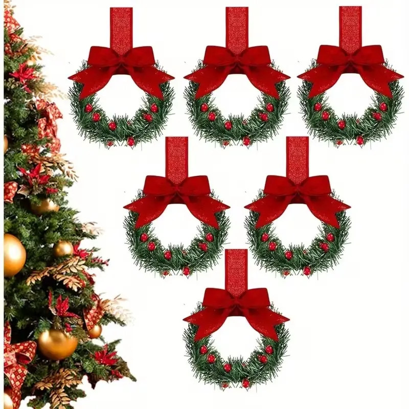 4pcs/6pcs Mini Festive Christmas Wreath with Bow, Greens and Berry Decor, Kitchen Cabinet Ornaments Decoration, Holiday Home Decor, Reusable Plastic Wreath