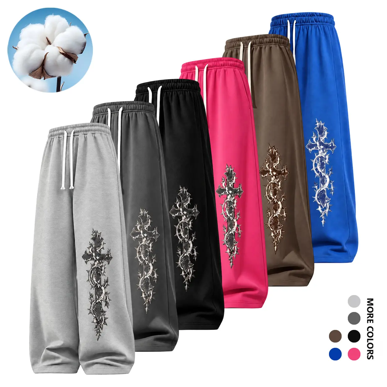 Men’s Gothic graphic sweatpants with thorn cross design, straight-leg pants with elastic drawstring waist for casual everyday outfits