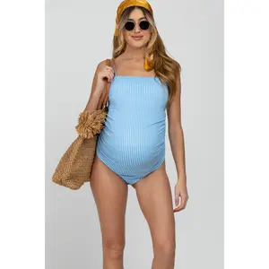 Blue Striped One-Piece Maternity Swimsuit