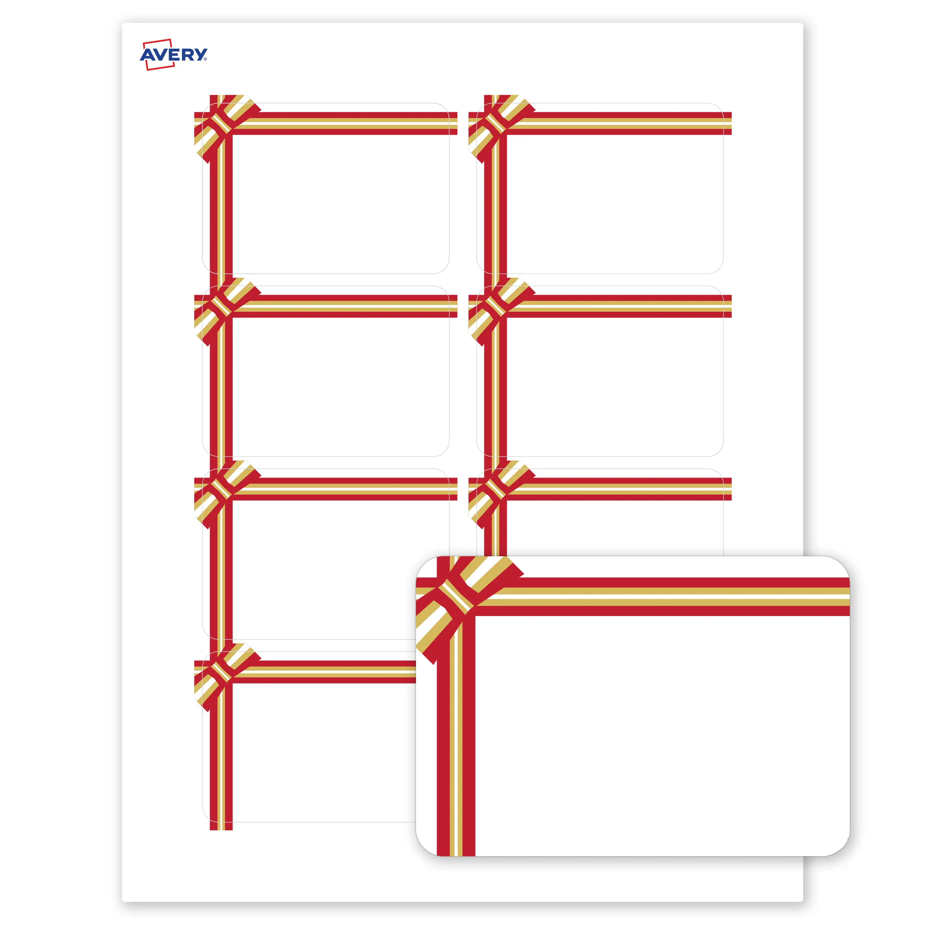 Avery® Printable Christmas Adhesive Name Tags, 2-1/3" x 3-3/8", Matte White, Pre-printed Red & Metallic Gold Gift Bow Design, Laser & Inkjet Compatible, 160 Total