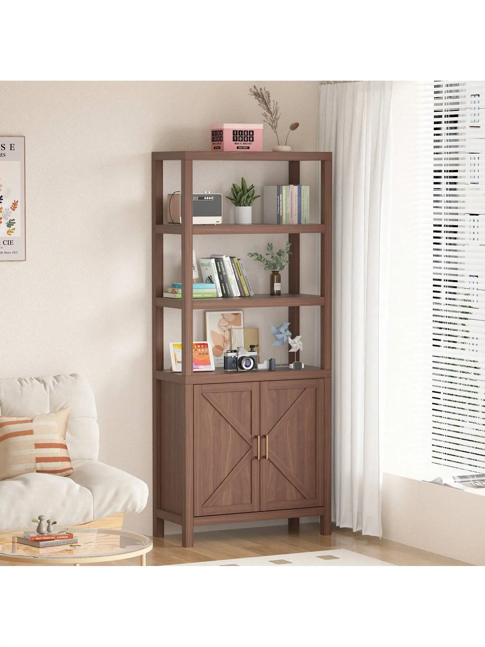 Gaomon 5-Tier Mid-Century Bookshelf with Doors, 71" Tall Floor-Standing Unit with Adjustable Shelves and Storage Cabinet, Display Shelf for Study Room & Home Office, 71" Tall Shelf