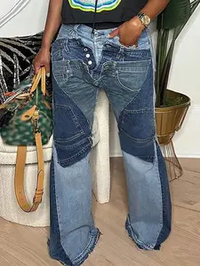 GLOURI Women's Patchwork  Jeans - High Waist With Multi-Wash Panels & Frayed Hem| Relaxed Retro Fit For Street Style, Music Festivals, Weekend Errands & Casual Hangouts (Distressed & Statement-Making) For  Everyday Looks