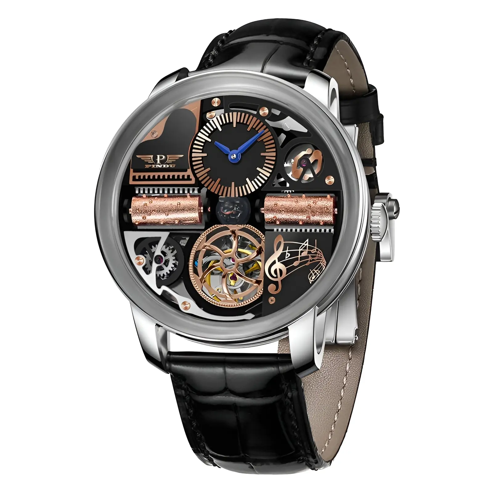 PINDUR Men's Mechanical Style Watch with Durable Cowhide Leather Strap, Fashionable Sporty Design, Waterproof with Fully Automatic Movement, Fashionable Waterproof Watch, Mechanical Style Watches