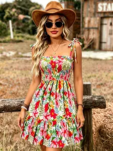 Elegant women's dress, Bohemian floral print off-shoulder lace-up short dress, fitted waist slimming dress, beach vacation casual skirt, dating dress, summer women's clothing,Western Cottagecore Flowy Cami Adjustable Hat