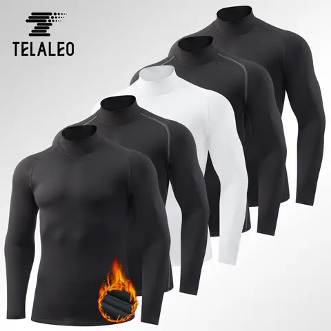 TELALEO Men's 5-Pack Compression Thermal Long Sleeve Undershirt Set - Fitted Plain Stylish Turtleneck/Mock Neck Polyester Fleece Liner Base Layer for Gym, Casual Menswear