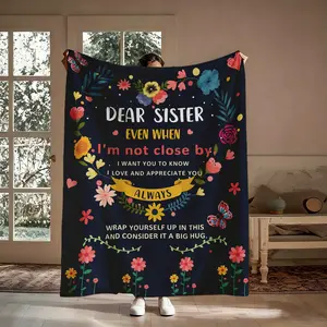 Gift For Sister Blanket, Dear Sister Big Hug From Me Hand-Drawn Floral Butterfly Pattern Flannel Throw, Soft Cozy Warm Nap Blanket for Bedroom Living Room Couch Dorm, Sentimental Birthday Gift for Sister Her, Christmas Mother's Day Holiday Present