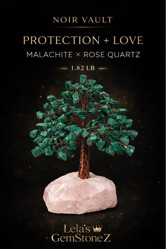 Real Malachite & Rose Quartz Copper Energy Tree 1.82 lb Statement Piece with Malachite Leaves Natural Rose Quartz Base & Copper Branches for Protection and Heart Energy ideal choice crystal gems crystal carving