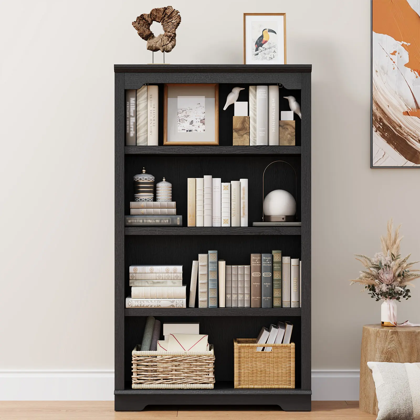 Cherry Modern 4-Shelf Stable Wooden Bookcase - 31.5in Wide, 55in Tall Freestanding Open Storage Unit with Arched Edges, Adjustable Shelves, 65 lbs Per Tier, Assembly Required for Study Room, Home Office