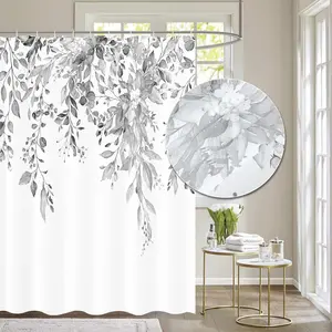 Grey Leaves Faux Linen Textured Shower Curtain, Watercolor Eucalyptus On The Top  Bathroom Decoration Shower Curtain Sets 72x72 Inch with Hooks