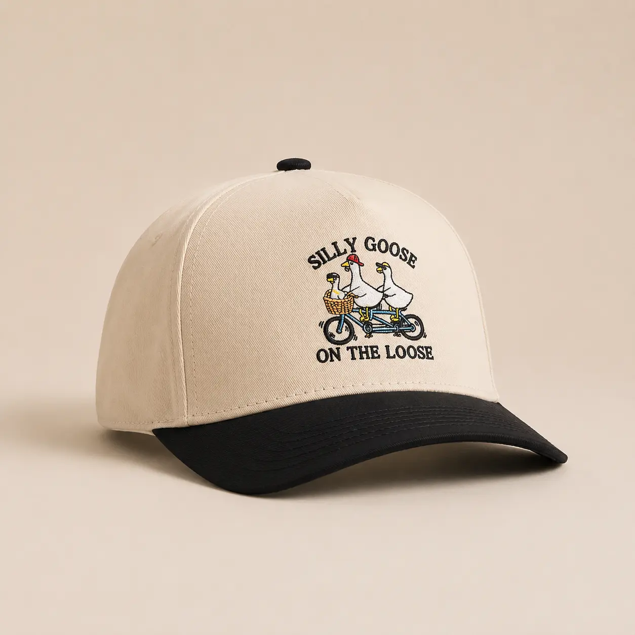 Silly Goose on the Loose Embroidered Baseball Cap – Funny Goose Bicycle Hat, Cream Black Two Tone Novelty Gift