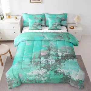 Watercolor Mint Green and Grey Comforter Set,7 Pcs,Modern Abstract Art Bedding Set,Tie Dye Bed in A Bag for Kids Boys Girls,Contemporary Artwork Fitted Sheet (Mint Green Grey,)