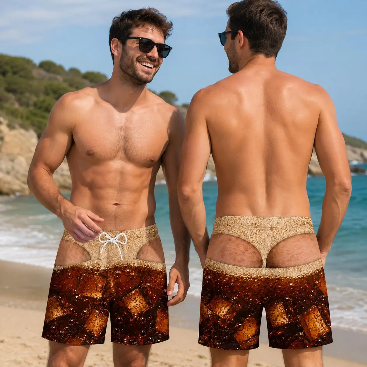 Funny Soda Swim Trunks, Men's Bathing Suit, Fake Butt Board Shorts, Novelty Beachwear, Pool Party Gag Gift for Him