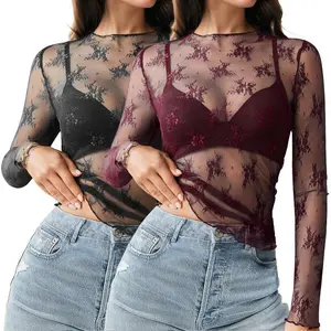 Women's2PackT-ShirtsBasicMeshLaceLongSleeveTopLayeringTopMockNeckSeeThroughFloralLaceShirtBlouseLightweightCasualTeeSummertokCitygirlvintage90stopsWomenswearBlack&WhiteShort