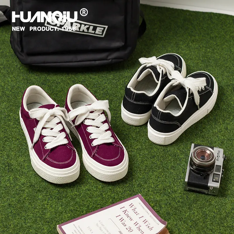 HUANQIU Unisex Retro Chunky Platform Canvas Sneakers - Men's and Women's Casual Low-Top Skate Shoes, Lightweight Breathable Daily Walking Board Trainers, Fashion Streetwear Loafers