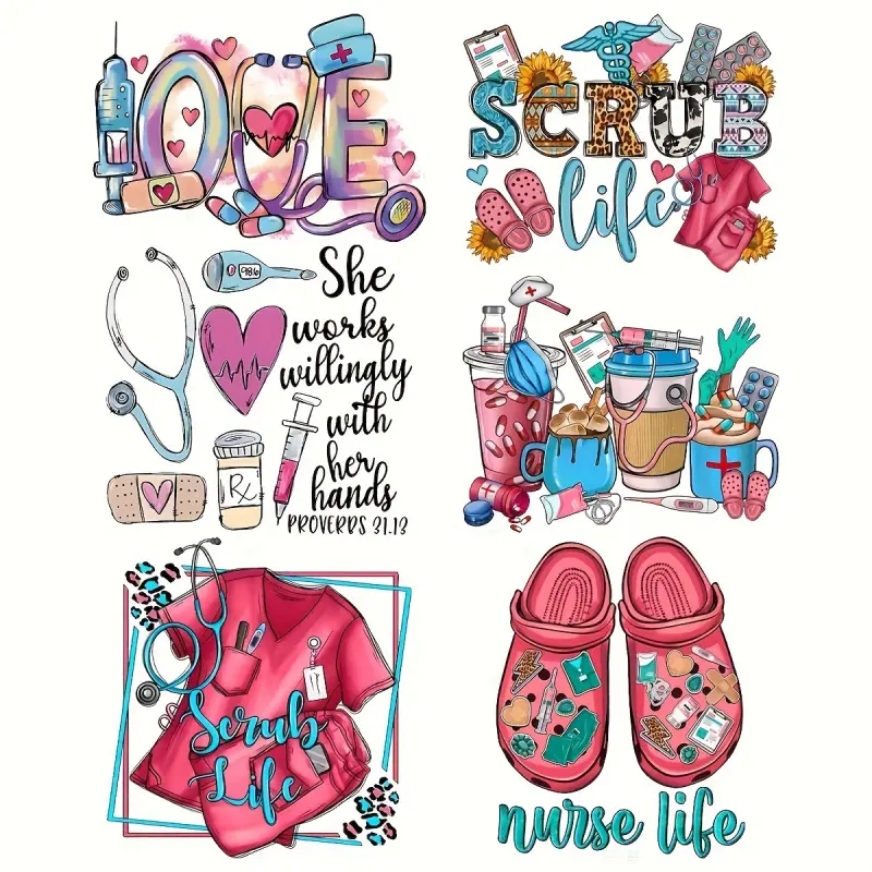 6 Pack Nurse Life Heat Transfer Vinyl Stickers Stethoscope Surgical Cap Design Heart Washable HTV Patches for Clothing Hats Pillows Backpacks Pink Reusable DIY Craft Supplies Diy Products for Personal Commercial Project Making
