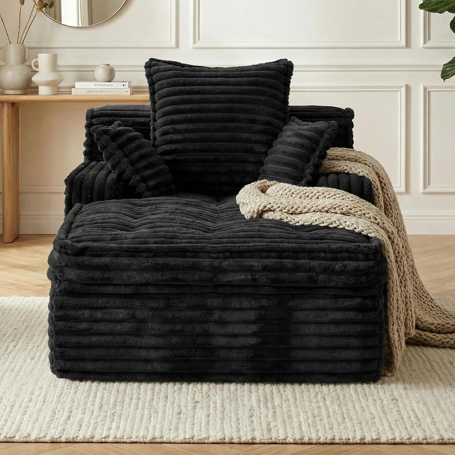 Winzoo Boneless Chaise Lounge Chair Indoor, Corduroy Small Boneless Sleeper Sofa with 3 Pillows & Wide Armrest, Fluffy Comfy Chase Lounge Indoor, Compression Boneless Couch for Living Room