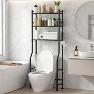 3-Tier Over Toilet Storage with Anti-Tilt Safety System - 150lb Total Capacity Metal Bathroom Shelves Including Paper Holder & 4 Hooks, Space Saving Above Commode Organizer (64" H, Black)